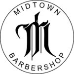 Midtown Barbershop circle logo with stylized "M" black and white